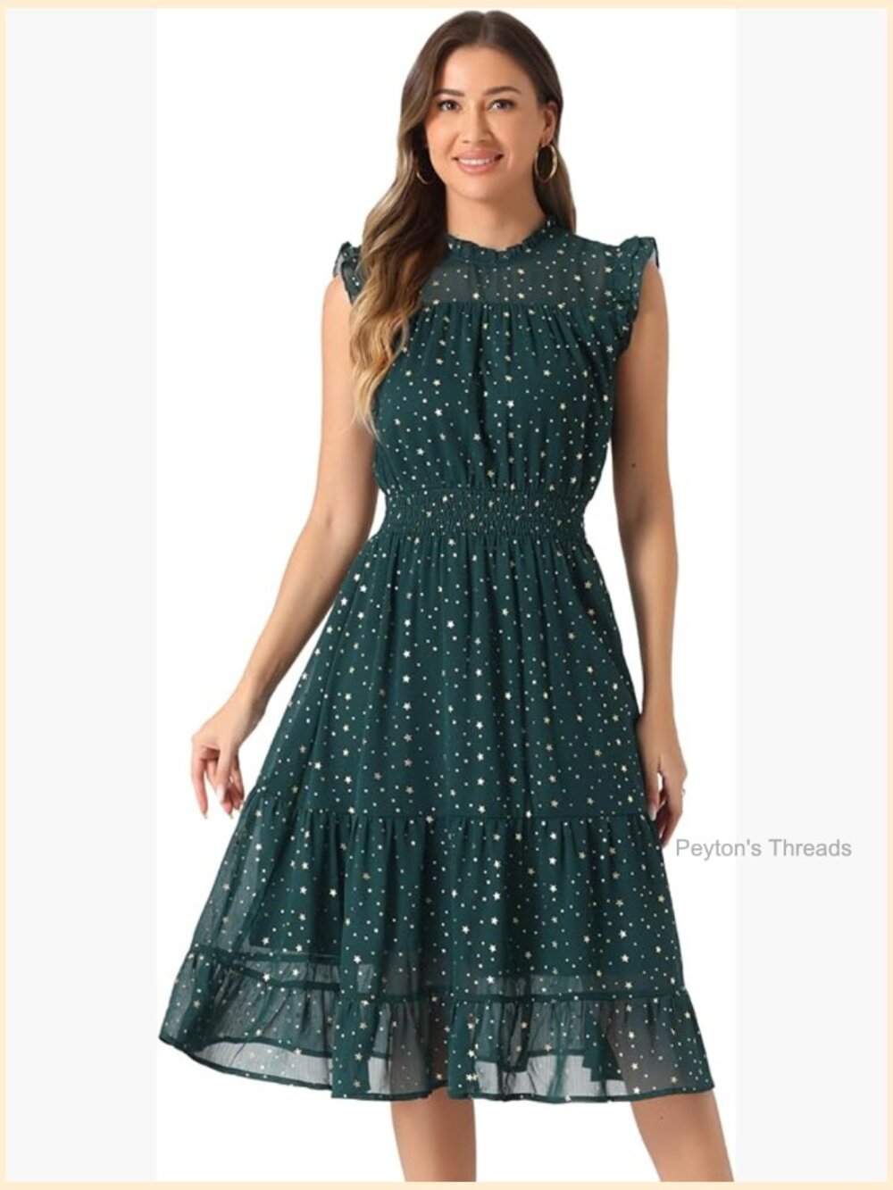 Sleeveless Chiffon Midi Dress Smocked Waist Metallic Stars Party